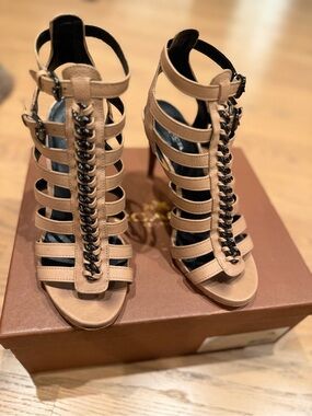 Coach Tan Strappy Chain-Front High Heel Sandals